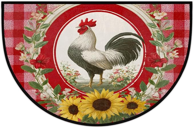 Half Round Door Mat Red Checkered Rooster Half Moon Doormat Absorbent Bedroom Kitchen Floor Mat Non Slip Decoration Semi Circle Entrance Welcome Rug for Indoor Outdoor Patio Fireplace Decor 24"x36"