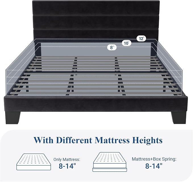 Allewie King Size Platform Bed Frame with Velvet Upholstered Headboard | Wooden Slats Support, Fully Upholstered Mattress Foundation, No Box Spring Needed, Easy Assembly, Noise-Free, Black