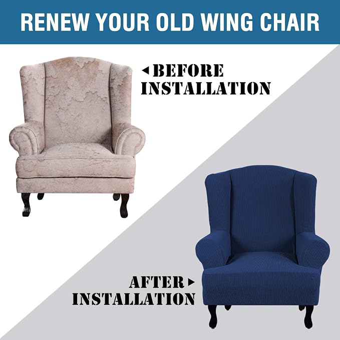 H.VERSAILTEX Wing Chair Slipcover Chair Covers for Wingback Chairs Wingback Chair Covers Slipcovers 1 Piece Stretch Sofa Cover Furniture Protector Soft Spandex Jacquard Checked Pattern, Navy