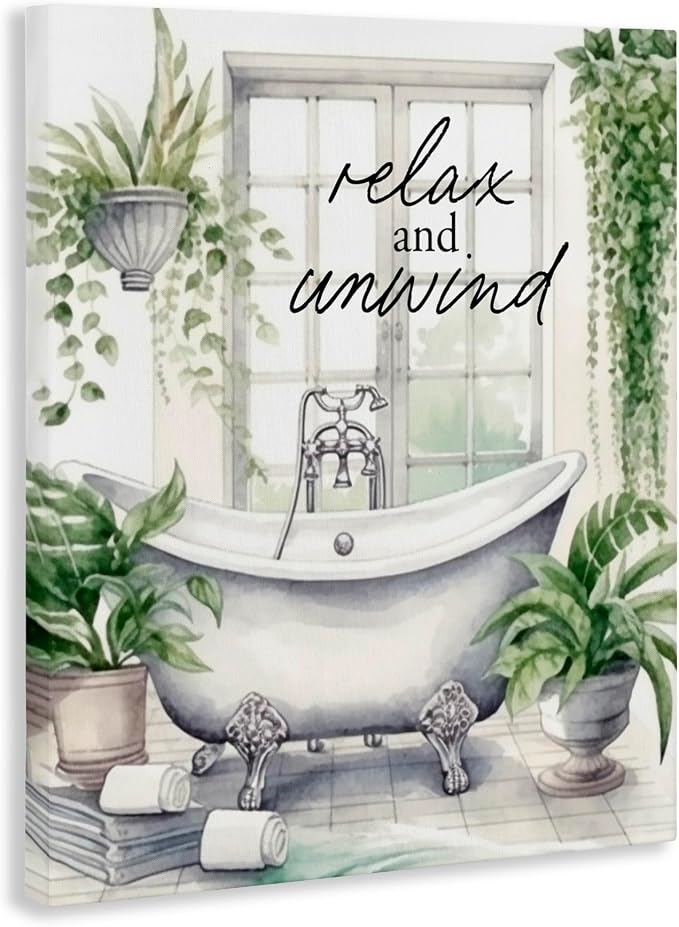 Relax Unwind Bath Foliage Bath, 36 x 48 Inch Canvas Wall Art | Stupell Industries · By Lettered and Lined · Ready to hang · Calm bathroom and bedroom accent · Made in USA
