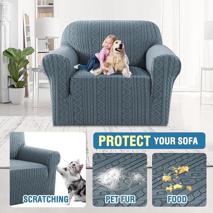 H.VERSAILTEX Chair Covers Armchair 1 Piece Stretch Couches Covers Anti-Slip Chair Covers for Living Room Soft Upgrade Thick Jacquard Fabric with Spiral Pattern(30"-40", Stone Blue)