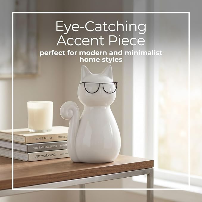 7" Cat with Glasses Sculpture - Contemporary Porcelain White and Black Cat Statue for Home or Office Decor - Cat Lover Gift Idea - Decorative Home Decor Accent