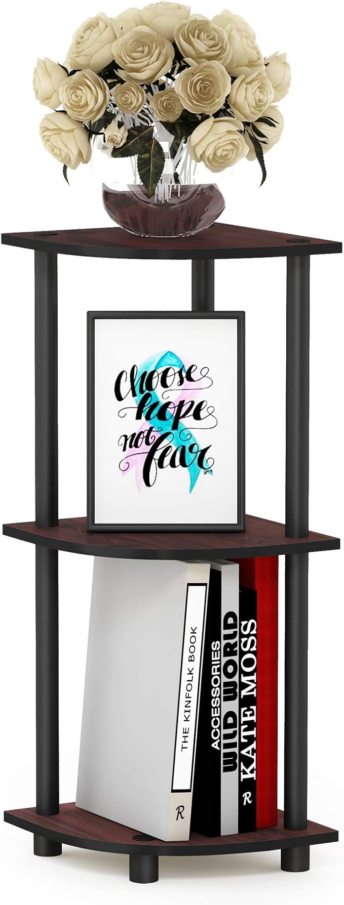 Furinno TURN-N-TUBE Corner Shelf, 3-Tier Corner Bookshelf, Display Storage Shelves with Open Shelves, for Organization and Storage, Living Room, Home Office, Garage, Dark Cherry