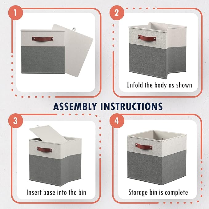 Ornavo Home 13x15x13 Foldable Fabric Storage Cube Bins, 6 Pack, White/Gray | Collapsible Linen Shelf Basket Organizer; Leather Handles; Fits Cube Storage Shelving Units