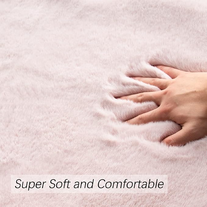 ORINOVA Pink Round Rug 5ft Washable Fluffy Faux Rabbit Fur Area Rugs for Living Room Shag Circle Nursery Rugs for Bedroom Cute Décor
