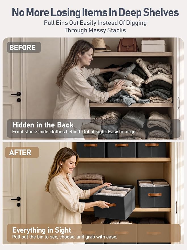 6 Pack Large Closet Storage Baskets Bins for Shelves, Collapsible Fabric Closet Organizers and Storage with Polyester Handles, Decorative Baskets for Organizing Clothes, Towels, Linen Closet 14"x10"