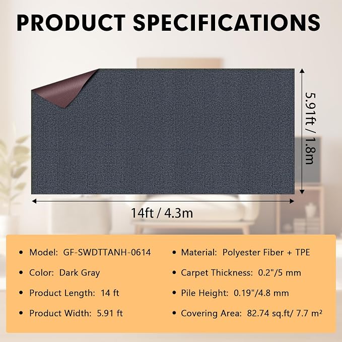 Grefinity Marine Carpet,5.9 FT x 14.1 FT Dark Gray Indoor Outdoor Carpet 0.2" Thick Boat Rug with Water-Proof TPE Backing for Home, Patio, Porch, Deck