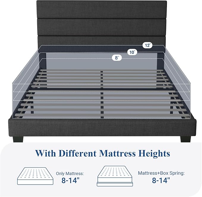 Allewie Full Size Platform Bed Frame with Fabric Upholstered Headboard Gray | Wooden Slats Support, Fully Upholstered Mattress Foundation, No Box Spring Needed, Easy Assembly, Noise-Free, Dark Grey