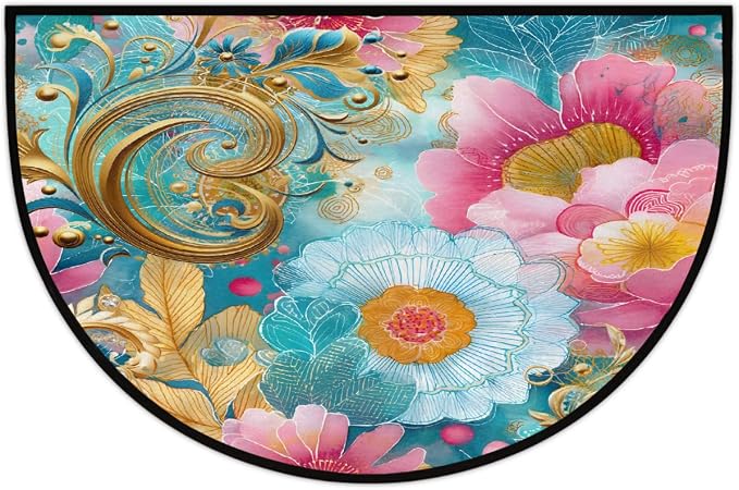 Flower Half Round Door Mat Semi Circle Rug Half Moon Doormat | Soft Washable Gold Turquoise Welcome Entrance Mat for Outdoor Indoor Floor Bedroom Bathroom Home Kitchen Festival Decor