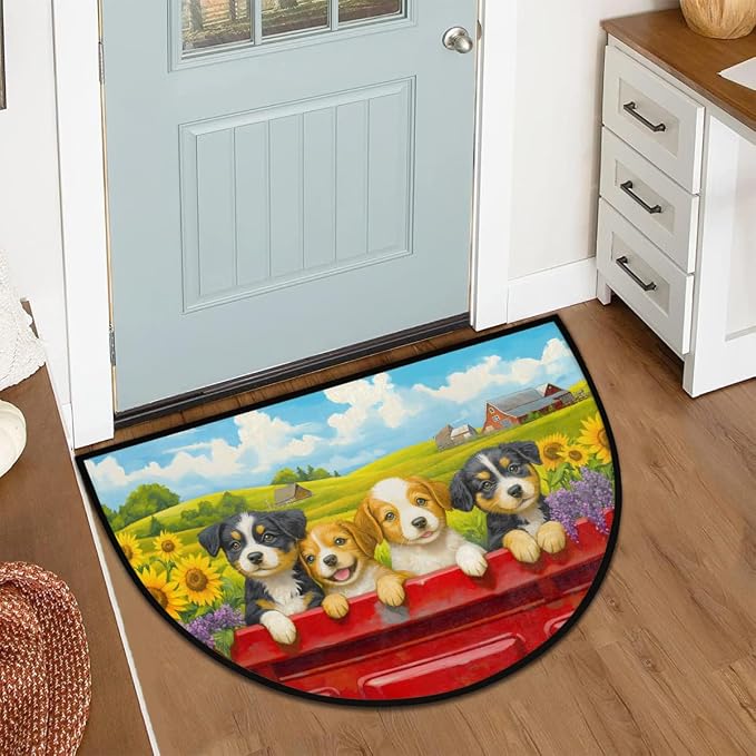 cfpolar Sunflower Cute Dog Half Round Door Mat Indoor Entrance Half Circle Area Rug Semi Circular Door Mat Half Moon Rug for Floor Bathroom Living Room Bedroom Kitchen Fireplace 24"x36",A-03