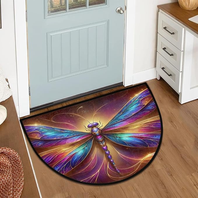 Pardick Half Round Doormat Dragonfly Abstract Colorful Semi Circle Rug Non Slip Indoor Outdoor Entrance Half Moon Rug Washable Front Floor Mat for Kitchen Bathroom Patio Fireplace Holiday Decor