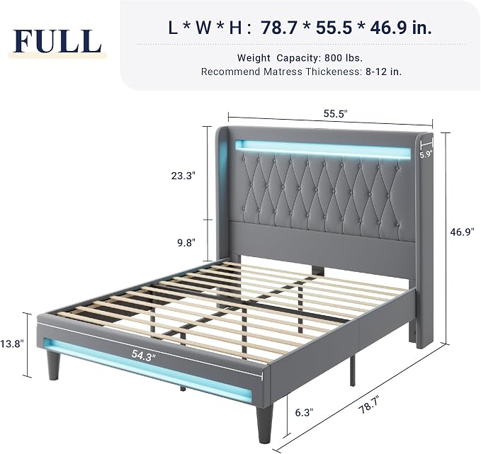 Allewie Full Size Upholstered Bed Frame with LED & Charging Station, Gray | Customizable LED lights, charging station, tufted wingback headboard, noise-reducing support, and no box spring needed.