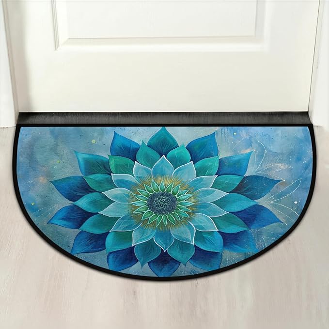 Mandala Half Round Doormat Non-Slip Semi Circle Rug Half Moon Mat | Teal Ethnic Flower Washable Soft Absorbent Indoor Outdoor Entrance Kitchen Bathroom Sink Patio Welcome Fireplace Floor Rug
