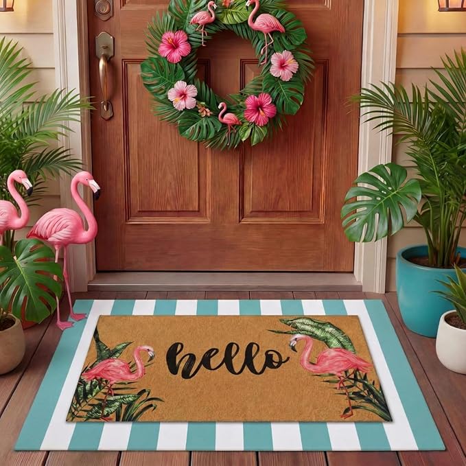 Tinideya 2 Pcs Summer Flamingo Layering Doormats Sets, Tropical Palm Leaves Hello Coir Door Mat with Rug for Porch Entryway Outdoor Decor