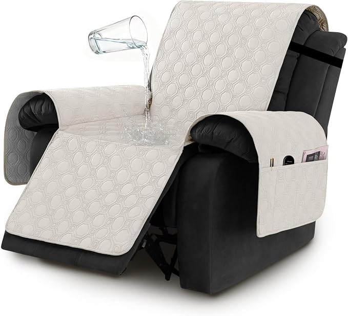 H.VERSAILTEX 100% Waterproof Recliner Chair Covers, Recliner Covers Non-Slip Stay in Place, Thick Cover for Recliner Chair with Pocket, Dog Couch Cover Protector Washable(Beige, 28")