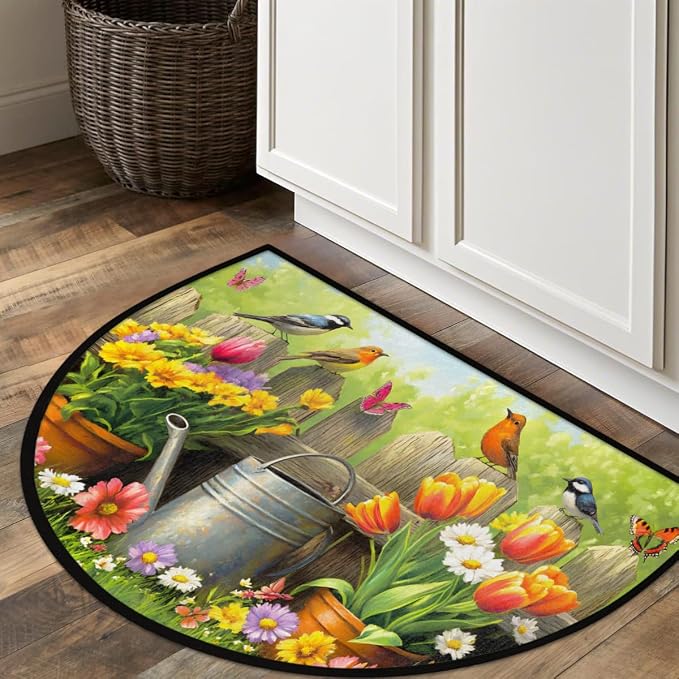 cfpolar Spring Birds Flowers Half Round Door Mat Indoor Entrance Half Circle Area Rug Semi Circular Door Mat Half Moon Rug for Floor Bathroom Living Room Bedroom Kitchen Fireplace 24"x36",A-08