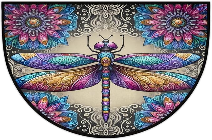 Dragonfly Half Round Door Mat Non Slip Half Circle Rugs | Colorful Animal Washable Half Moon Rug Semi Circle Rugs Indoor Entrance Floor Carpet for Kithen Bedroom Fireplace Decor