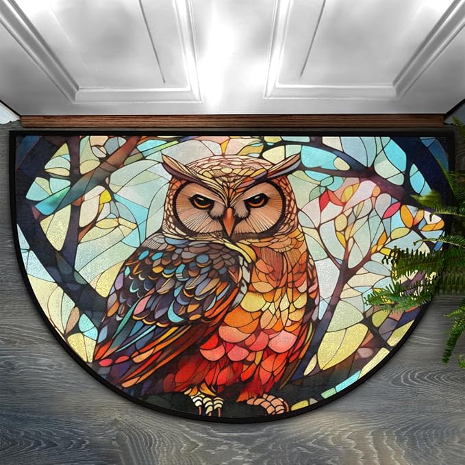 Owl Glass Window Half Round Door Mat, Non-Slip Entrance Welcome Mat for Indoor Semi Circle Bathroom Floor Rugs Outdoor Mats House Entry Way Heavy Duty Doormat for Kitchen Living Room 36x24 Inch