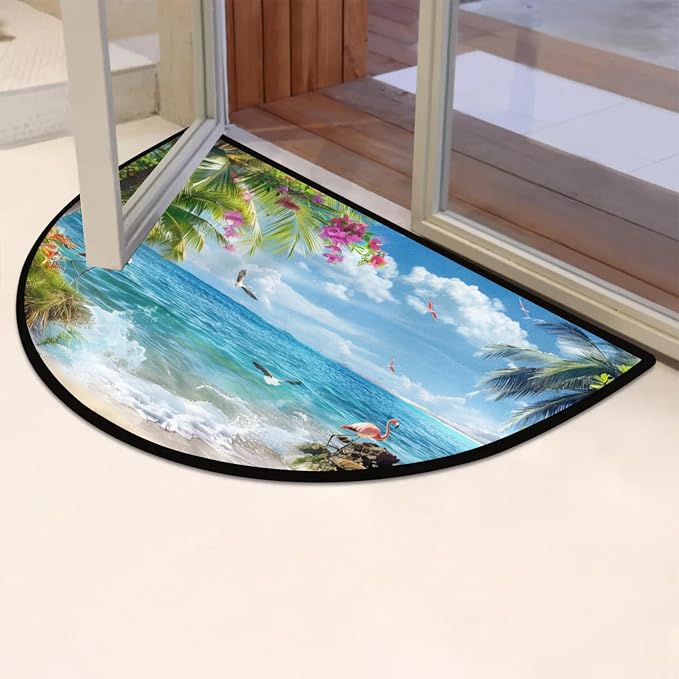 Half Round Doormat Summer Flamingo Bird Flowers Non Slip Half Circle Area Rugs Indoor Washable Half Moon Rug Semi Circle Bathroom Runner Mat Entrance Floor Carpet for Kithen Bedroom Fireplace Decor