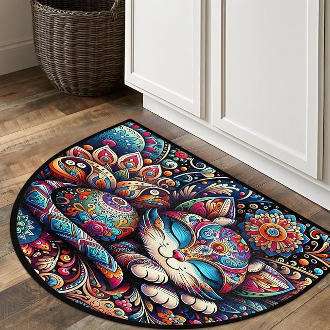 Cat Cute Colorful Half Round Door Mat Non-Slip Semi Circle Rug Washable Half Moon Floor Rug Absorbent Bathroom Area Rugs for Outdoor Indoor Fireplace Mat Entryway Kitchen Decor Rugs