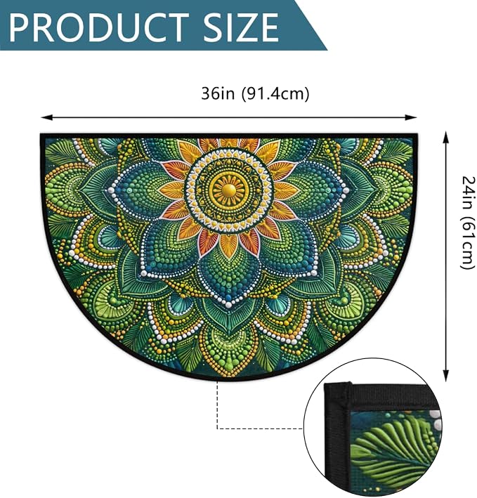 Mandala Half Round Door Mat Semi Circle Rug Half Moon Doormat | Soft Washable Green Blue Welcome Entrance Mat for Outdoor Indoor Floor Bedroom Bathroom Home Kitchen Festival Decor