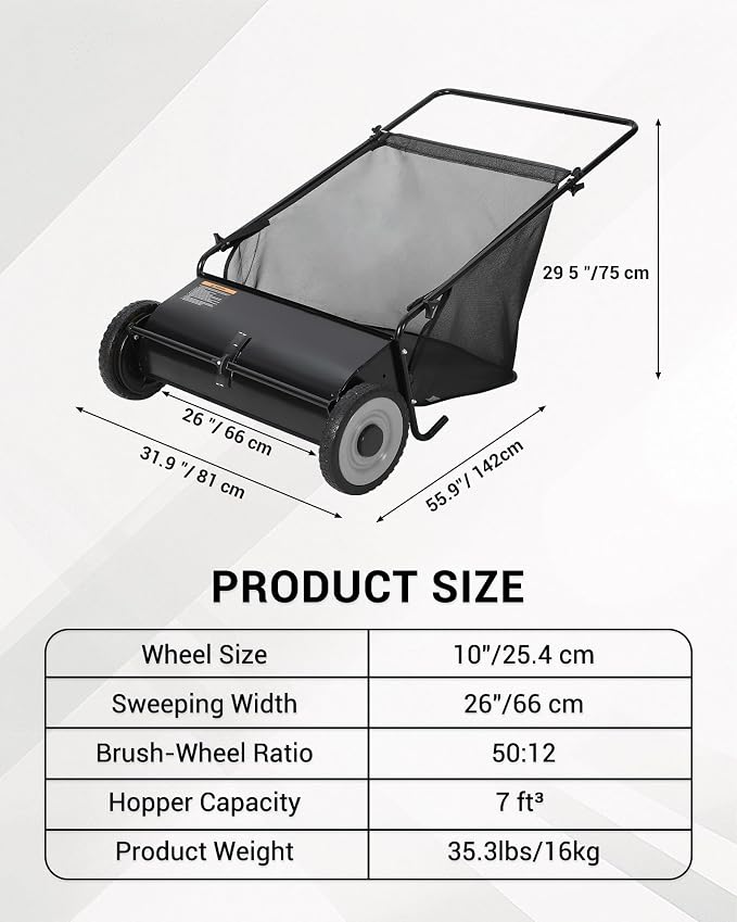 21in & 26in Heavy-Duty Push Lawn Sweeper - 4 Spinning Brushes, 3.5/7Cu. ft. Capacity, Adjustable Height for Grass, Leaves & Debris on All Terrains