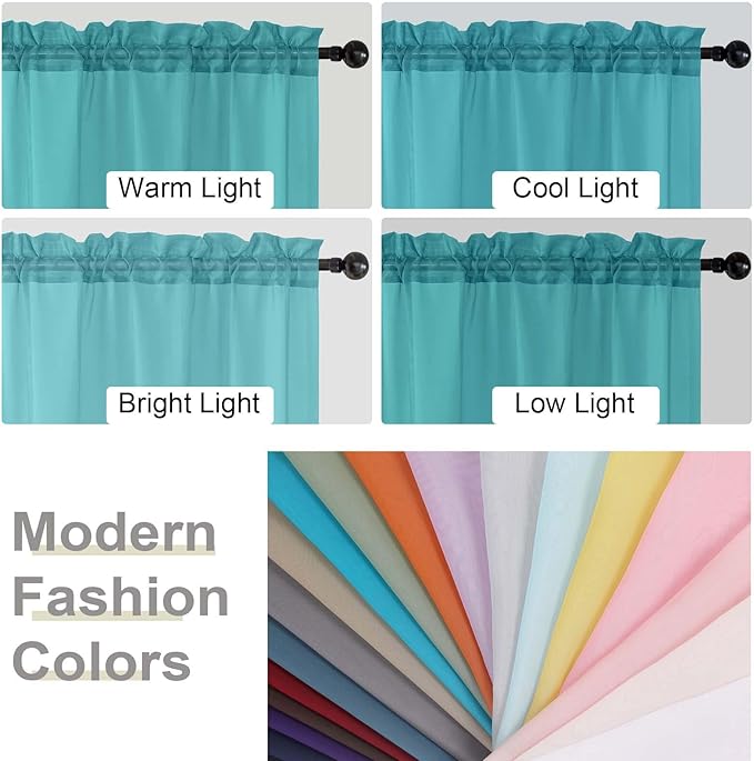 Kitchen Curtains 24 Inch Length Tier 2 Pieces, Turquoise Sheer Curtain Solid Soft Sheer Short Curtains for Windows, Cafe Bathroom Basement Rod Pocket Drapes, Each 42" Wx24 L Inches