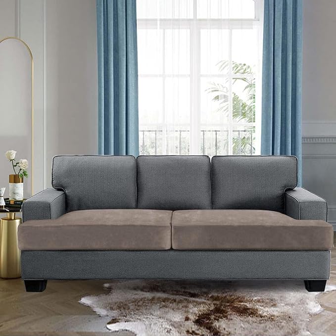 H.VERSAILTEX Stretch Velvet 2 Piece T Cushion Sofa Slipcovers - Individually Fitting Cushion Covers for 2 Cushion Couch - Stay in Place (Taupe)