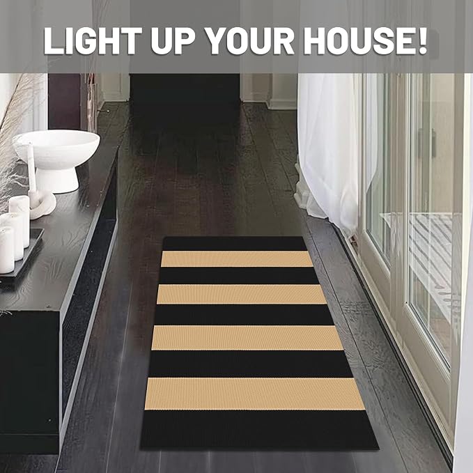 IOHOUZE Black Tan Striped Rug 24" x36" Front Door Mats Outdoor, Washable Rug for Front Porch Decor, Spring Summer Welcome Mats Outdoor Indoor, Doormat for Farmhouse/Entryway/Home Entrance