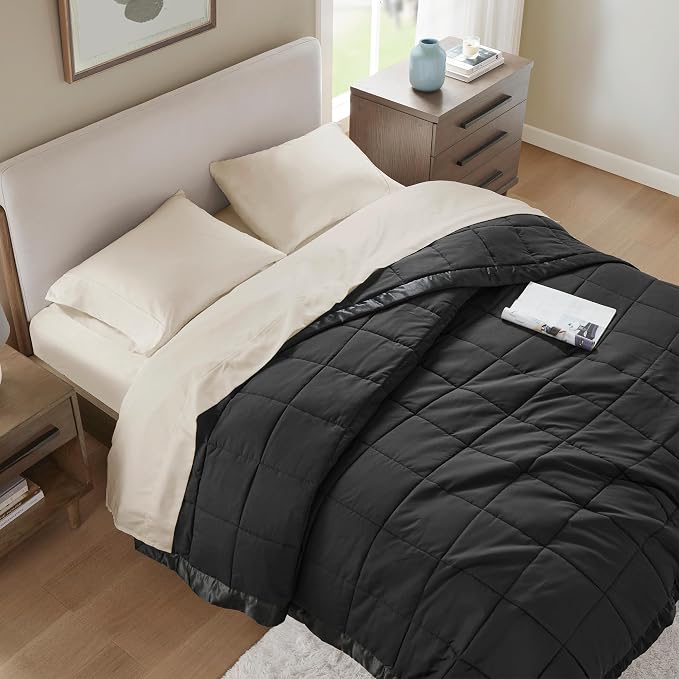 Madison Park Down Alternative Queen Blanket for Bed, Satin Trim, Black | Lightweight Windom Blanket Full Size Premium 3M Scotchgard Moisture Wicking Treatment, OEKO TEX, Soft Bed Cover, All Season