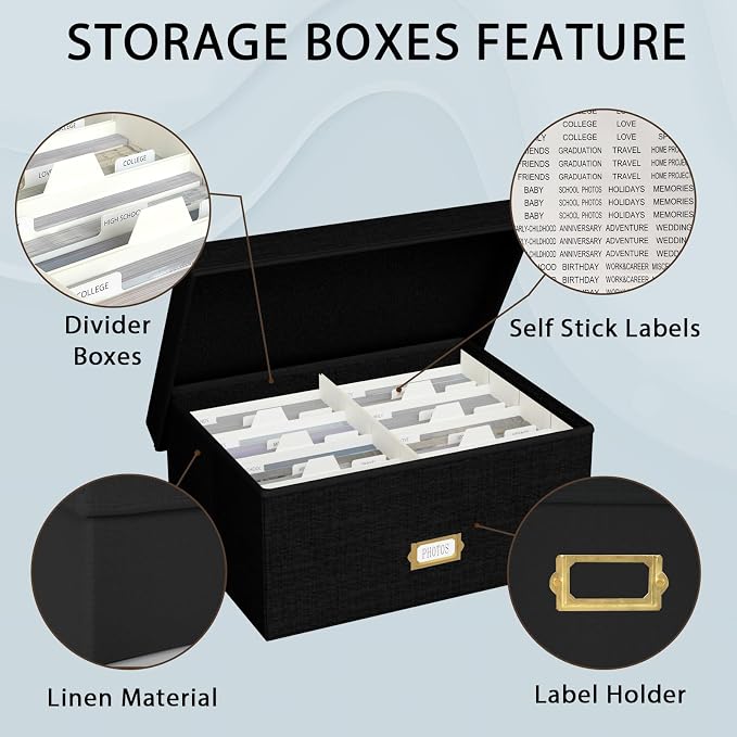 Decorative Photo Storage Box, Linen Photo Box Holds 1700 5x7 Pictures Black | Photo Storage Containers with 8 Dividers, Memory Keepsake Organizer for Photos, Scrapbook Supplies, Cards, Stamps,Archive Box