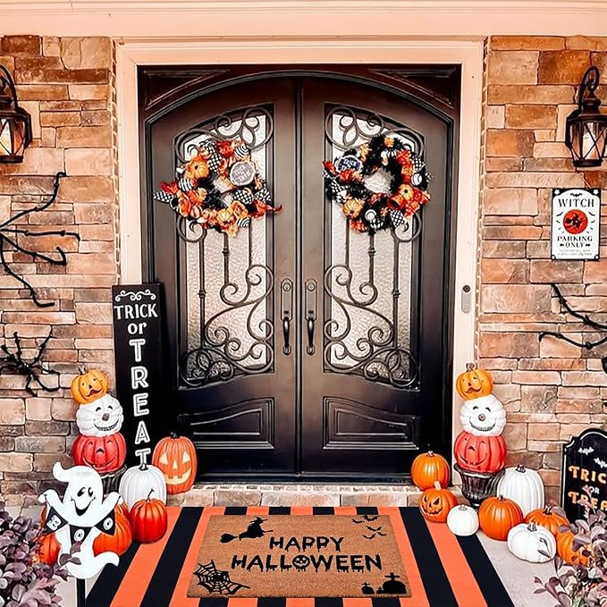 Halloween Decor Doormat Combo Set, 100% Coco Coir Welcome Mat + 3' x 5' Orange and White Striped Rug - Halloween Fall Front Porch Entryway Decor Floor Mat, Outdoor Autumn Mats Happy Halloween