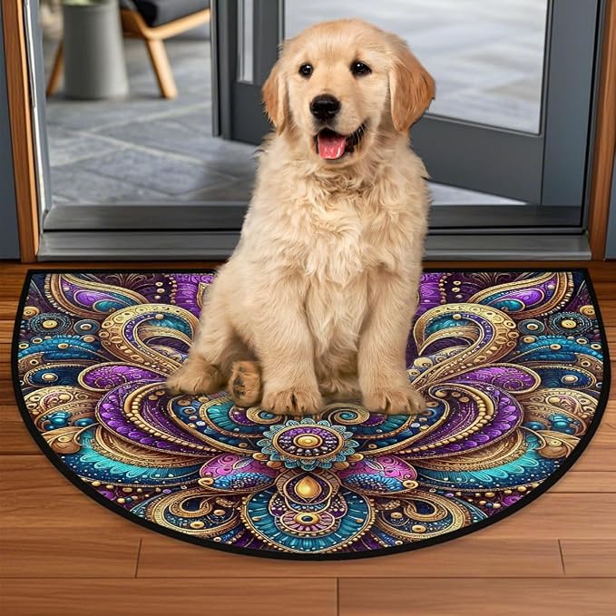 Lotu Half Round Door Mat Semi Moon Rug Fireplace Carpet Area Rugs | Colorful Bohemian Non Slip Absorbent Half Circle Mat Carpet for Indoor Outdoor Patio Kitchen Bathroom Entryway Home Decor