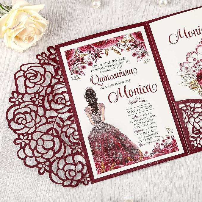 50PCS Customized Burgundy Quinceanera Invitations with Envelopes | 4.7x7 inch, Laser Cut, Invitation Cards for Miss XV, Sweet 16, 18th Birthday, Quince Invite,Quinceanera invitations, XV Anos