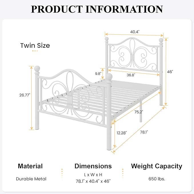SHA CERLIN Twin Size Metal Bed Frame with Butterfly Headboard, White | Metal Platform Bed for Kids, Wrought Iron-Art Headboard/Footboard, Under-Bed Storage, No Box Spring Needed, Easy Assembly