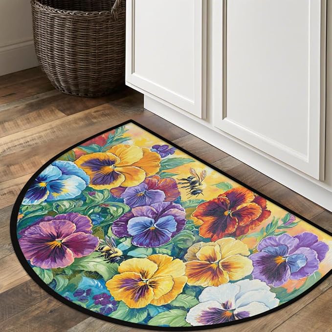 cfpolar Spring Retro Bee Flower Half Round Door Mat Indoor Entrance Half Circle Area Rug Semi Circular Door Mat Half Moon Rug for Floor Bathroom Living Room Bedroom Kitchen Fireplace 24"x36",A-07