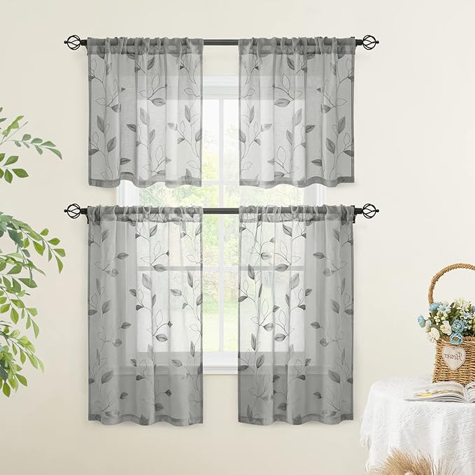 HOMEIDEAS Grey Sheer Kitchen Curtains 30 X 36 Inch Length 2 Panels Embroidered - Image 5