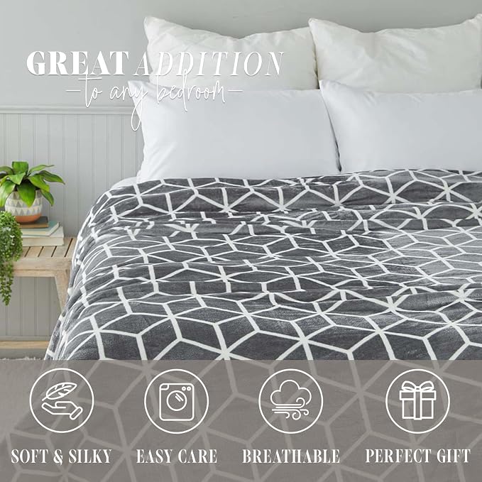 Elegant Comfort Luxury Velvety Feel Blanket, All-Season Lightweight Blanket, Ultra Plush, Soft, Cozy-Fuzzy Flannel Fleece for Couch, Sofa, Bed, Travel, Cube Design, Full/Queen, Gray