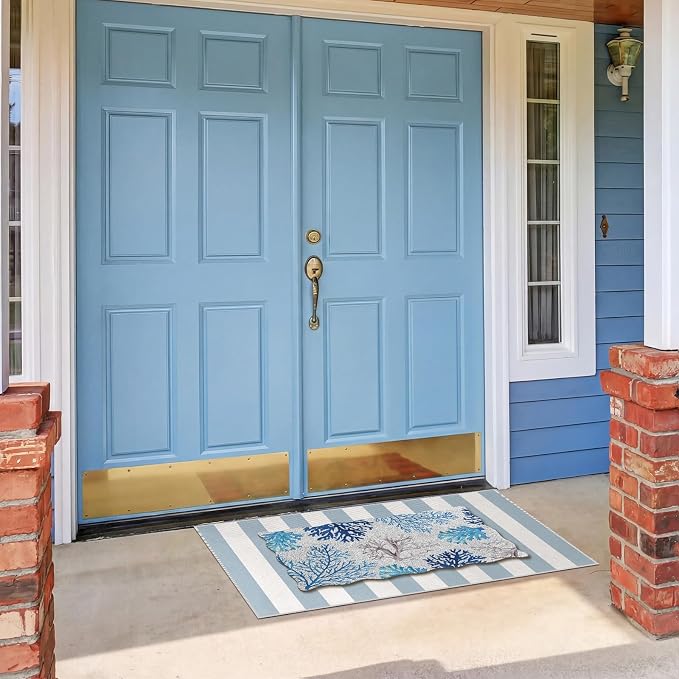 Fourluoo 2 Piece Beach Door Mat Combo Set 100% Coco Coir Welcome Mat and 28 x 40 Inch Blue White Striped Rug Layering Front Door Rug for Outdoor Entrance Front Porch