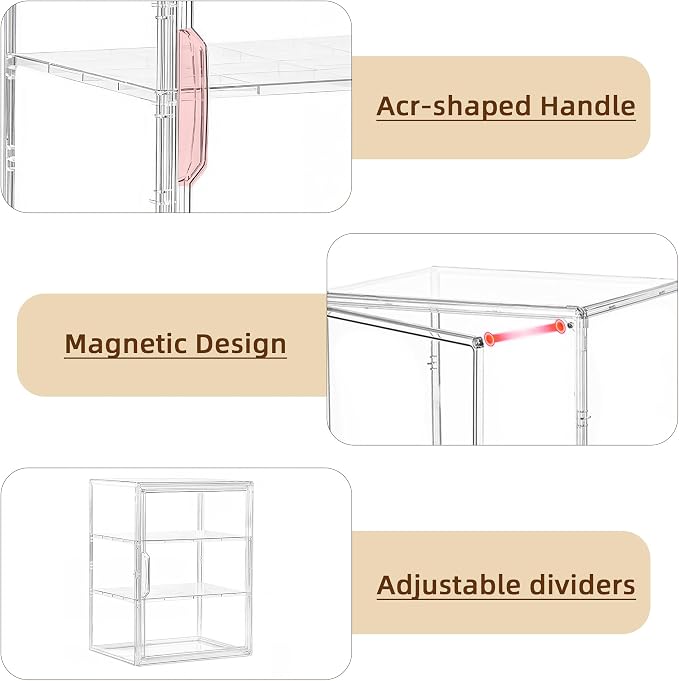 Attelite Acrylic Display Case for Collectibles Adjustable 3-Tiers，1Pack | 3 Adjustable Layers,Tool-free Assembly,Clear Display for Figures, Magnetic Door, Stackable Design,Dustproof