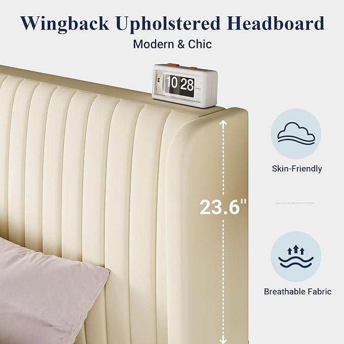 Allewie Full Size Velvet Bed Frame/Vertical Channel Tufted Wingback Headboard/Upholstered Platform Bed/Strong Wooden Slats/No Box Spring Needed/Easy Assembly/Cream White