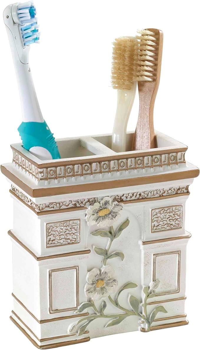 Avanti Linens - Toothbrush Holder, 100% Hand-Painted Resin Bathroom Accessories, Elegant Home Decor (Paris Botanique)