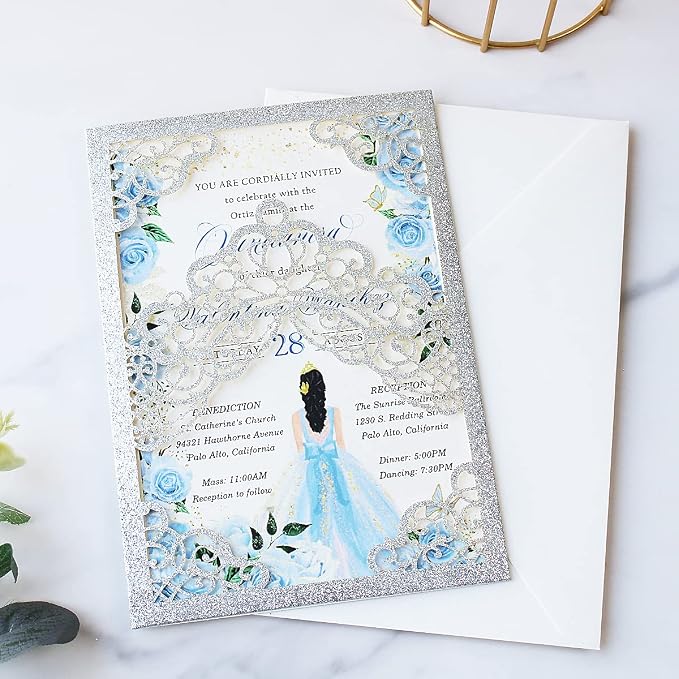 Hosmsua 50PCS 5.1x7.3 Inch Silver Glitter Quinceanera Invitations Cards Laser Cut Floral Crown Pocket Invitation with Envelopes for Birthday Bridal Shower