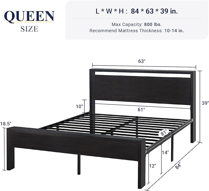 Allewie Queen Size Bed Frame, Heavy Duty 12 Metal Slats Support, Black Oak | Wooden Headboard and Footboard, Modern Platform Bed, No Box Spring Needed, Under-Bed Storage, Noise Free, Easy Assembly