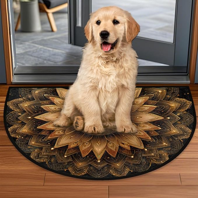 Mandala Golden Vintage Half Round Door Mat Non-Slip Semi Circle Rug Washable Half Moon Floor Rug Absorbent Bathroom Area Rugs for Outdoor Indoor Fireplace Mat Entryway Kitchen Decor Rugs
