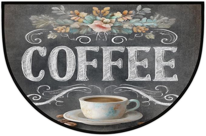 Pardick Half Round Door Mat Vintage Coffee Flower Anti-Slip Semi Circle Rug 24X36 Indoor Door Mat Half Moon Bath Mats, Washable Decorative Welcome Floor Mats for Kitchen Bathroom Hearth Fireplace,Q-4