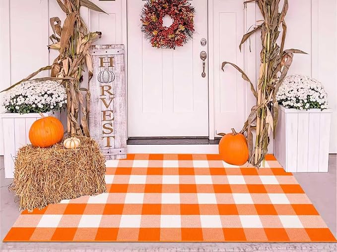 3'x5' Outdoor Rug,Halloween Orange White Front Porch Mat Farmhouse Cotton Washable Layering Rug Checkered Area Rug for Porch,Entryway,Layered Doormat,Indoor,Outdoor,Halloween,Fall