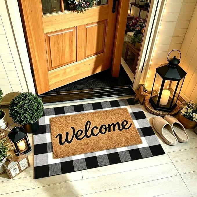 Buffalo Plaid Rug 2'4''x 3'7'' Black and White Front Door Mat Reversible Layered Porch Rug Washable Hand Woven Cotton Area Rug for Indoor Outdoor Entryway Patio Porch Decor