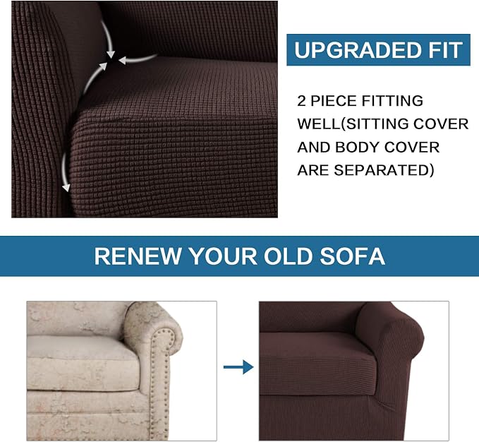 H.VERSAILTEX 2-Pieces Chair Cover Slipcover Furniture Protector Armchair Cover Couch Covers Fit Chair Width Up to 47 Inch, Jacquard Spandex Slipcover Skid Resistance (Chair, Brown)