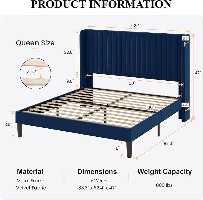 SHA CERLIN Queen Size Velvet Bed Frame, Tufted Wingback Headboard, Blue | 47'' Modern Vertical Channel Headboard, Upholstered Platform Bed, Wood Slats, No Box Spring Needed, Easy Assembly, Noise Free
